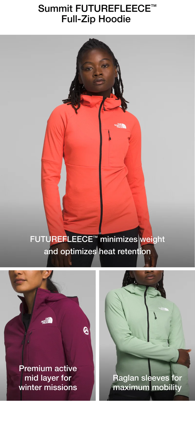 Summit FUTUREFLEECE Full-Zip Hoodie. FUTUREFLEECE minimizes weight and optimizes heat retention. Premium active mid layer for winter missions. Raglan sleeves for maximum mobility