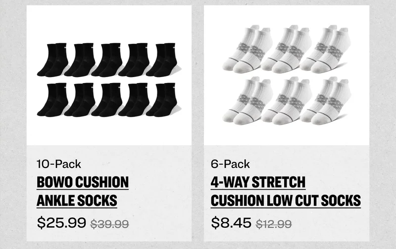 10-Pack Bowo Cushion Ankle Socks and 6-Pack 4-Way Stretch Cushion Low Cut Socks on Sale!