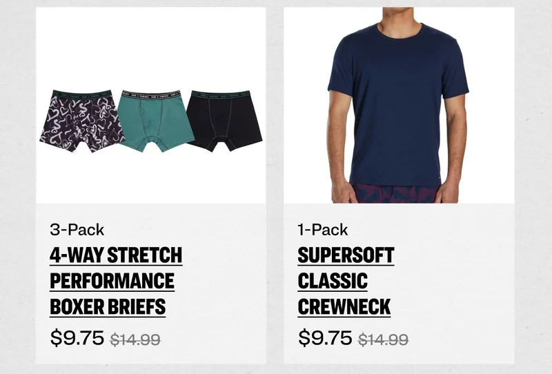 3-Pack 4 Way Stretch Performance Boxer Briefs & Super Soft Classic Crew Neck on Sale!