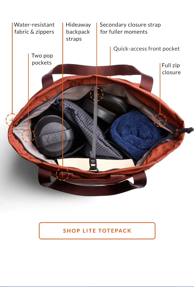 Hideaway backpack straps  Quick-access front pocket  Internal pop pockets  Full zip closure  Secondary closure strap for fuller moments  Water-resistant fabric and zippers