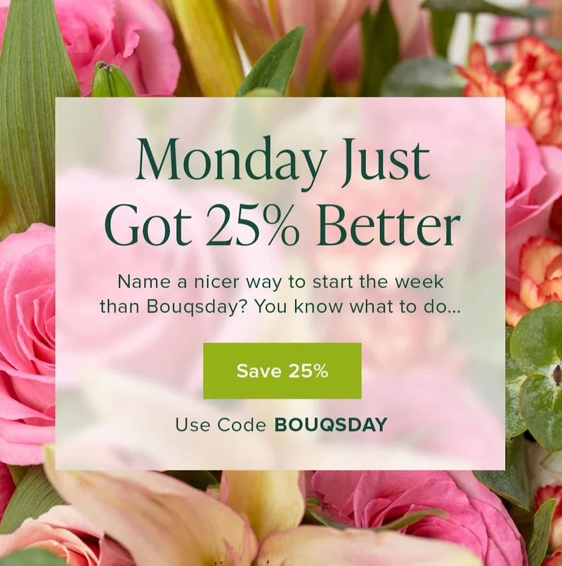 Monday Just Got 25% Better. Name a nicer way to start the week than Bouqsday? You know what to do... Save 25%! Use code discount code
