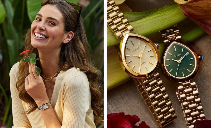 A woman with a flower wearing the Citizen L Bianca and two Citizen L Rainell side by side on a table.
