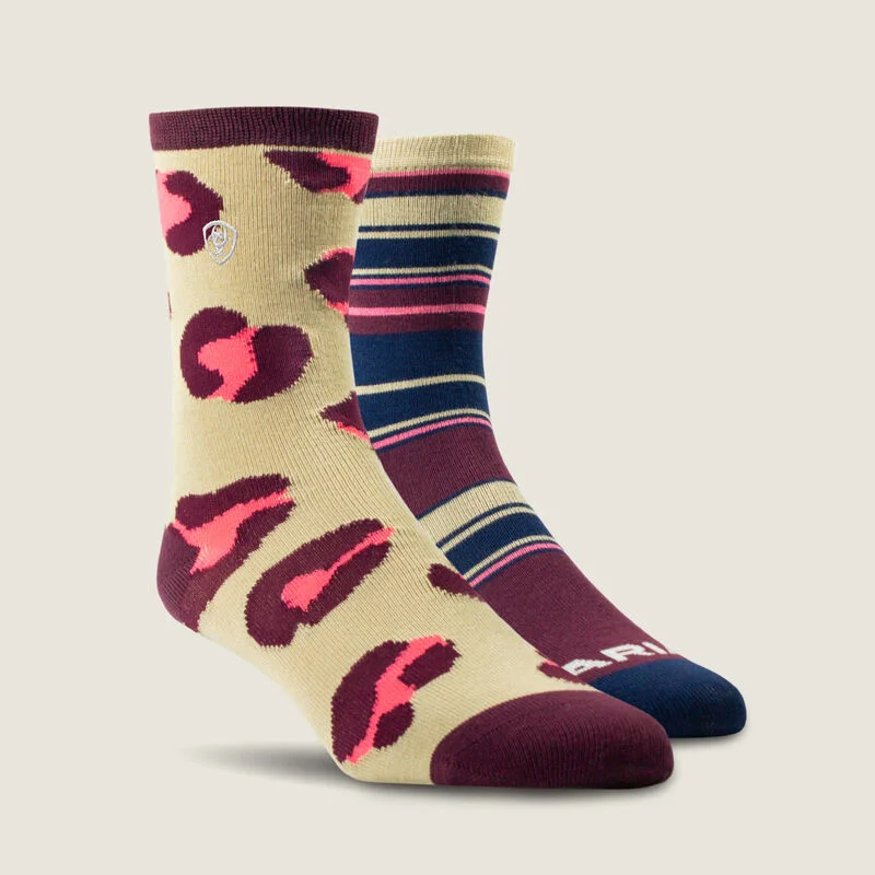 Cheetah/Stripe Crew Sock 2 Pair Multi Color Pack