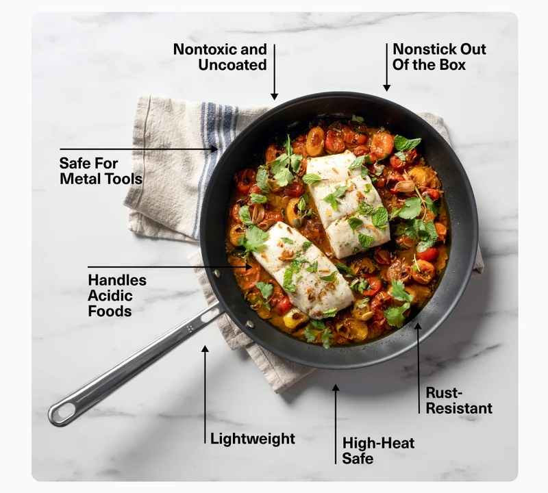 Nontoxic and uncoated. nonstick out of the box. Handles acidic foods. Lightweight.  High-Heat Safe. Rust resistant.