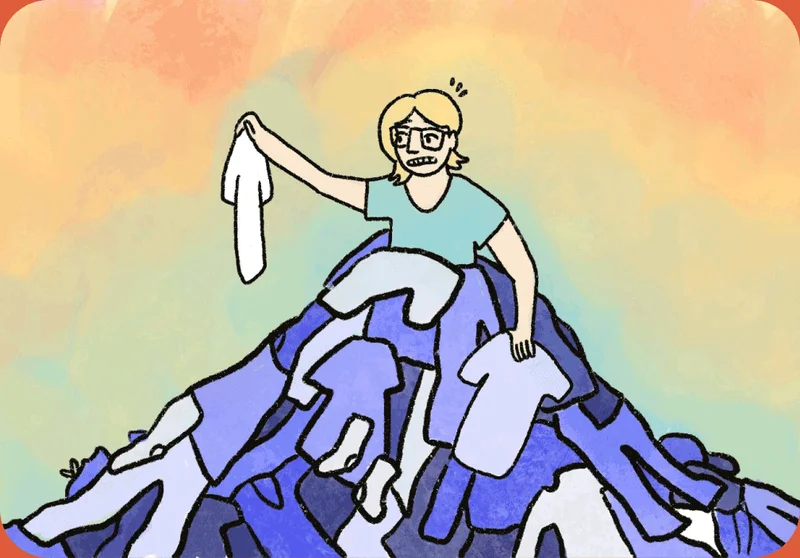 An illustration of a person atop a pile of clothing.
