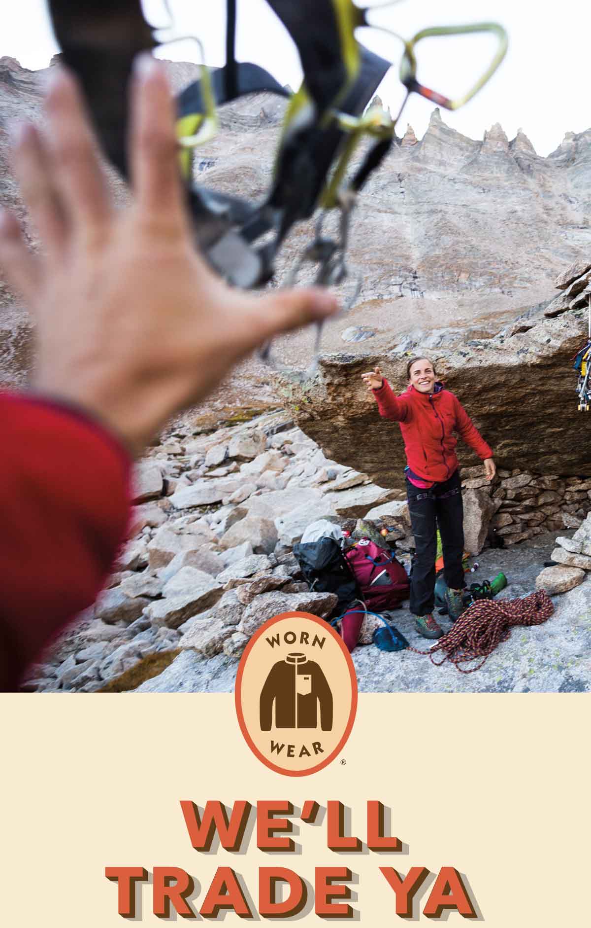 A climber tosses a harness to the photographer. We'll Trade Ya.