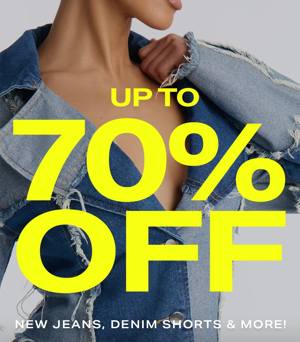 Woman in an open, distressed blue denim jacket with large yellow "UP TO 70% OFF" promoting a sale on new jeans & denim shorts.