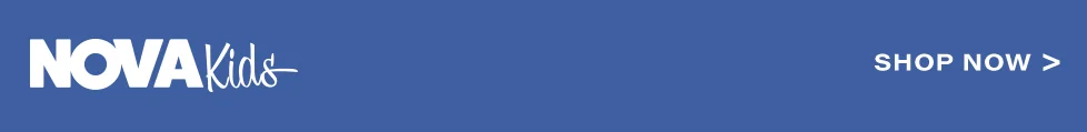 Nova Kids logo and 'SHOP NOW' button on a vibrant blue banner, promoting the latest collection of kids' apparel and stylish children's wear.