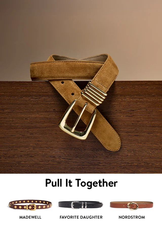 A brown belt. A black Favorite Daughter belt, brown Nordstrom belt and studded Madewell belt.