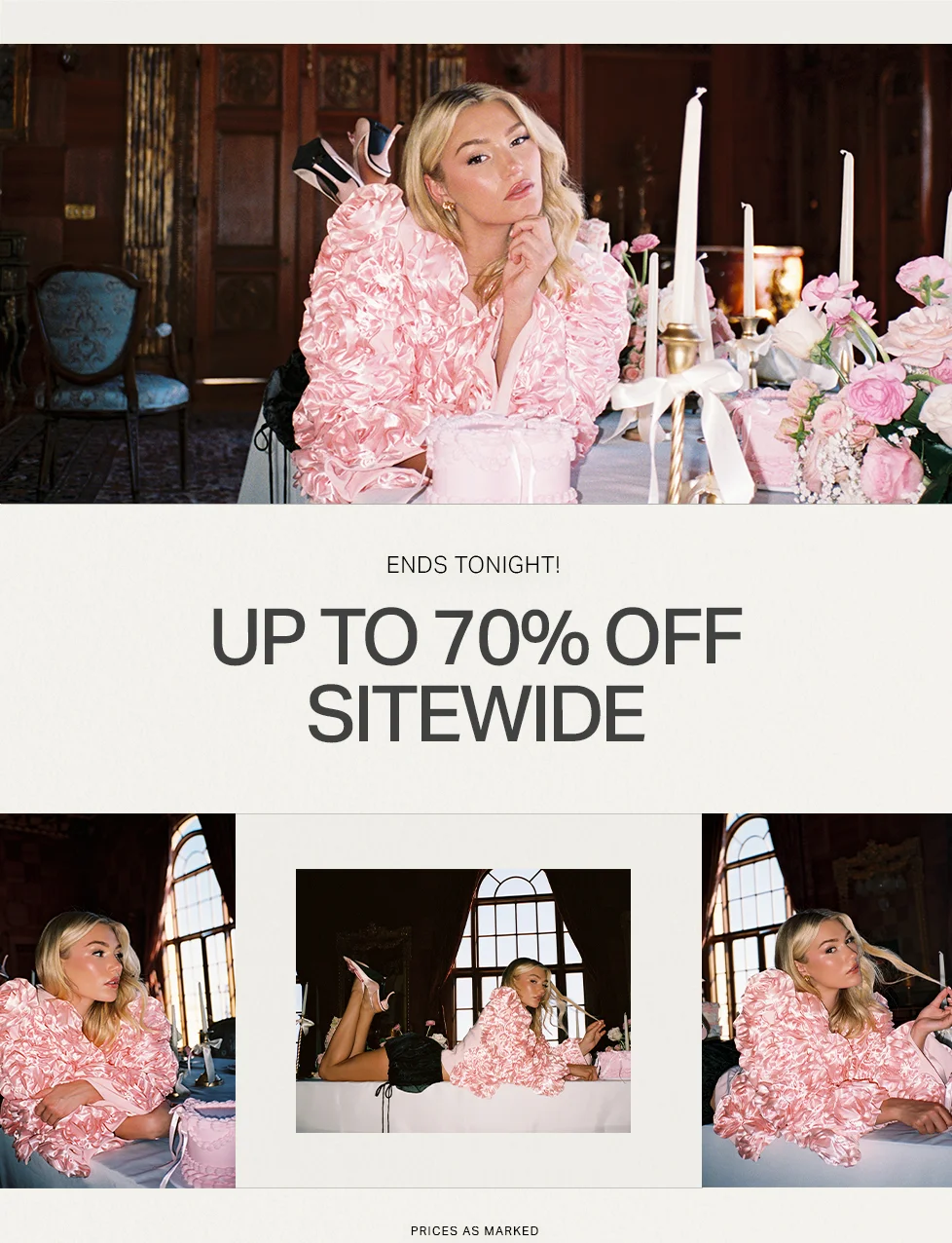 Blonde woman in a voluminous pink ruffled top reclines on a lavish table, promoting a sitewide fashion sale with up to 70% off.