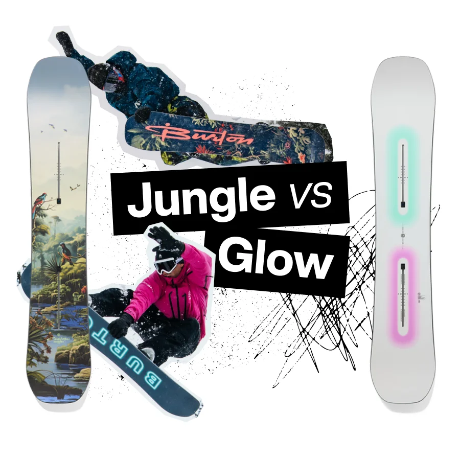 Top sheet graphic of the Burton Custom in the Jungle graphic and the Glow graphic with the text Jungle vs Glow