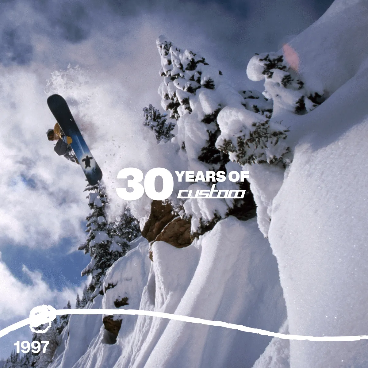 Gif of the Burton Custom Snowboard being ridden by Burton athletes in the mountains, and the snowboard in the factory with the text '30 years of Custom'. There is a timeline from 1997 to 2024 on the bottom