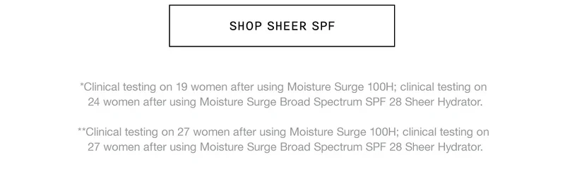 SHOP SHEER SPF *Clinical testing on 19 women after using Moisture Surge 100H; clinical testing on 24 women after using Moisture Surge Broad Spectrum SPF 28 Sheer Hydrator. **Clinical testing on 27 women after using Moisture Surge 100H; clinical testing on 27 women after using Moisture Surge Broad Spectrum SPF 28 Sheer Hydrator.