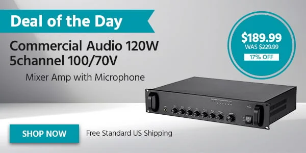 Deal Of The Day Commercial Audio 120W 5channel 100/70V Mixer Amp With Microphone Free Standard US Shipping $189.99 WAS $229.99 17% OFF Shop Now