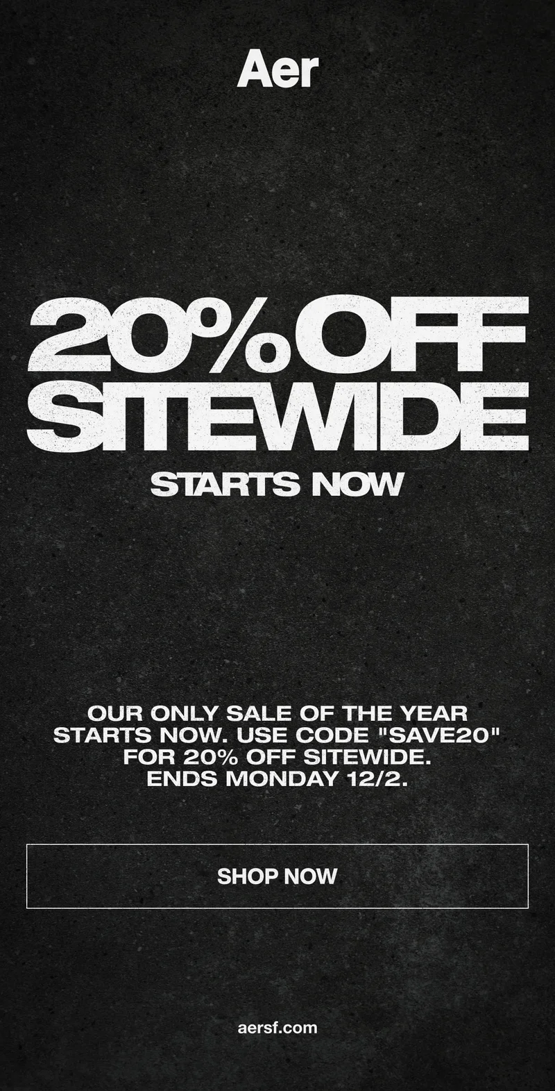 Aer Black Friday Sale starts now! 20% off sitewide.