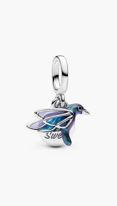 Hummingbird sterling silver double dangle with glittery green, black, transparent blue and purple enamel