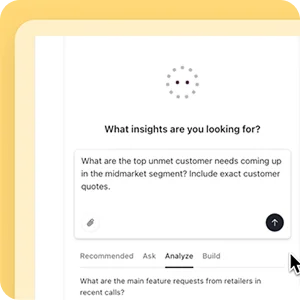 An input field asking “What insights are you looking for?” with example questions about unmet customer needs