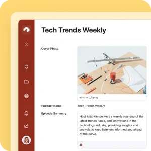 An Airtable interface displaying a podcast project with cover photo, name, and episode summary