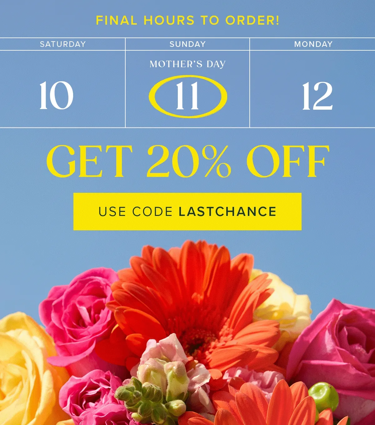 Final Hours to Order For Mother's Day (which is on Sunday May 11th)! Get 20% Off. Use code LASTCHANCE