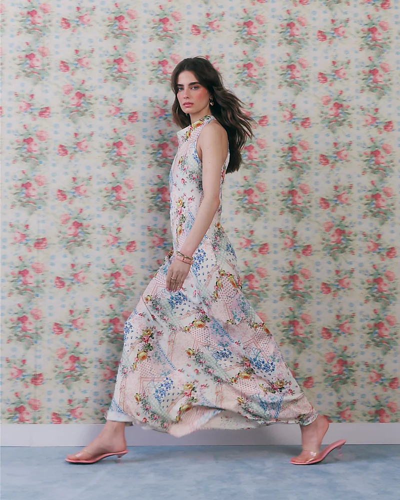 Womens Cream Halter Neck Slip Floral Dress