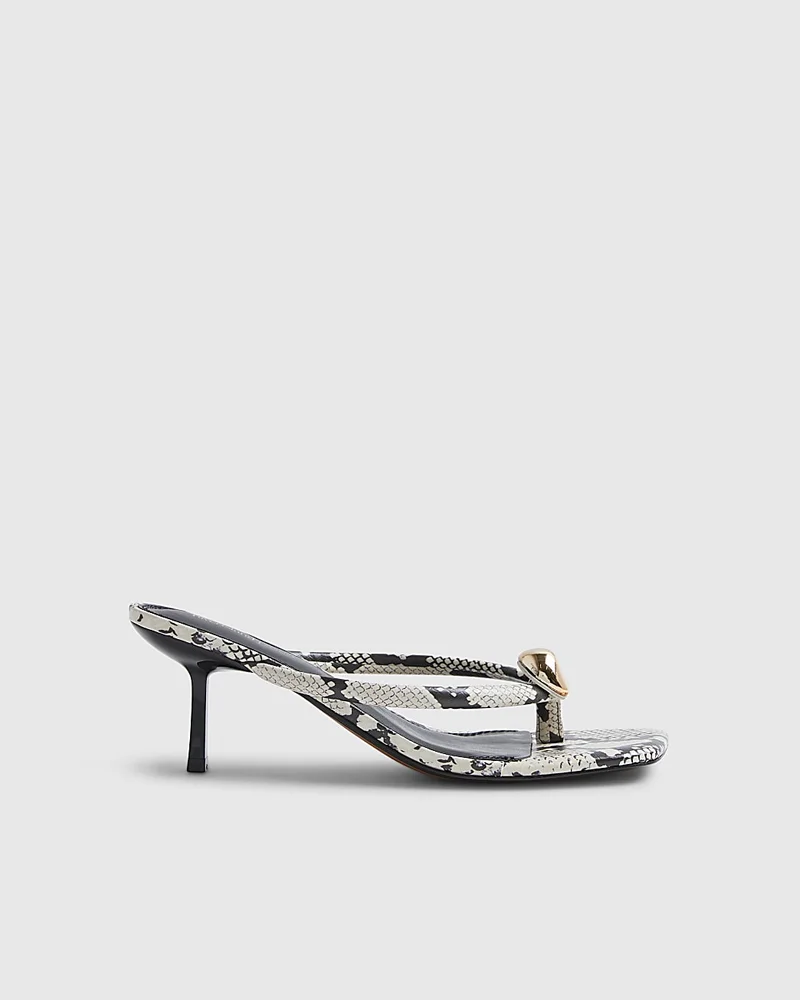 Womens Beige Snake Print Toe Thong Heeled Sandals
