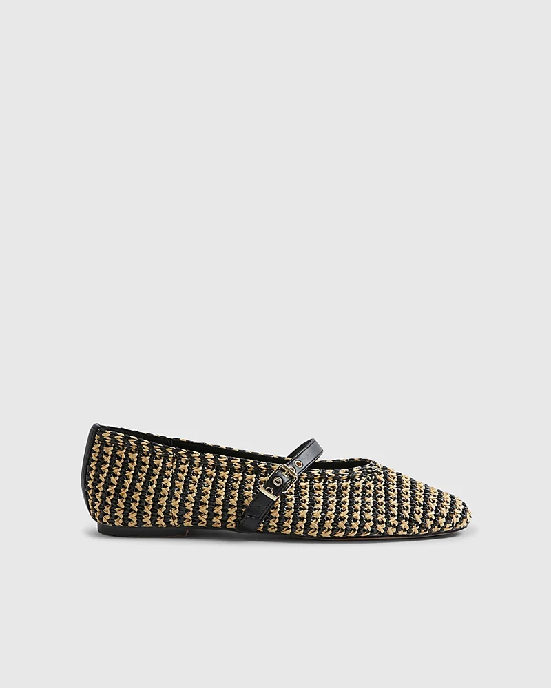 Womens Black Raffia Maryjane Flat Pumps