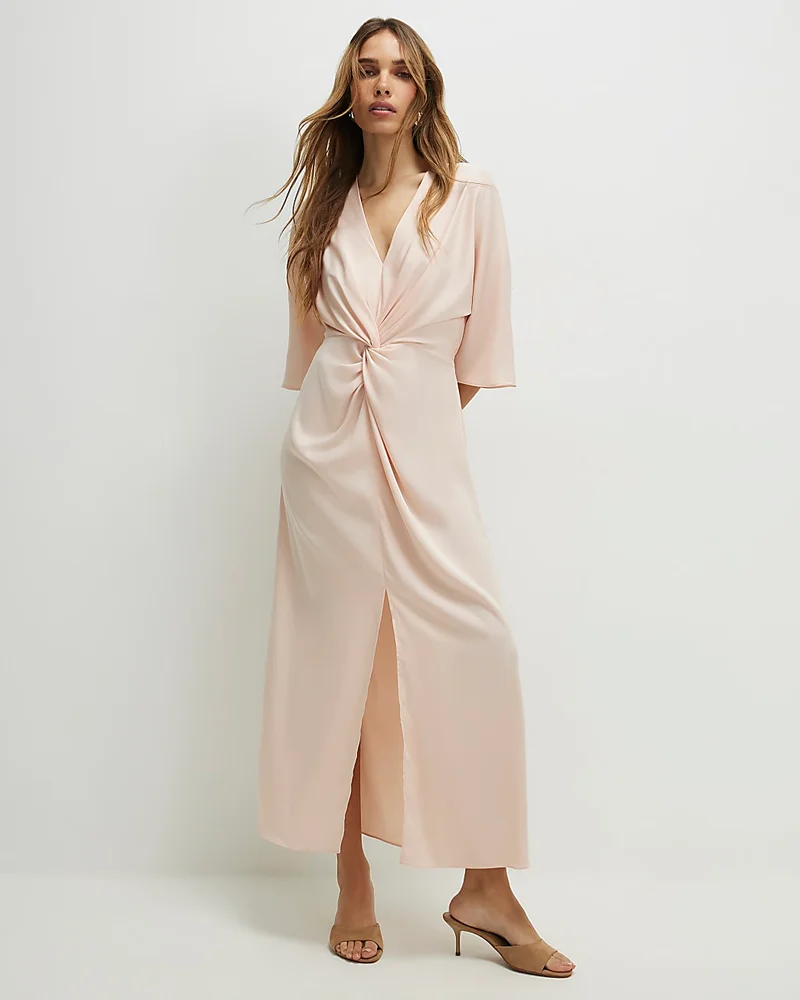 Womens Pink Short Sleeve Twist Front Midi Dress