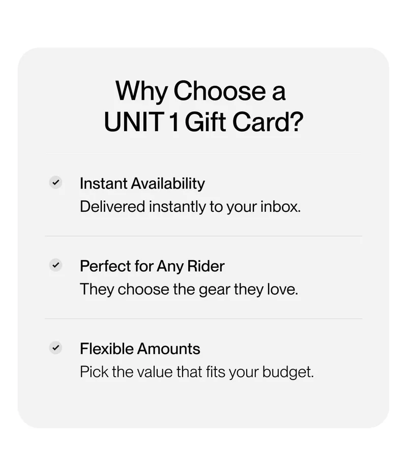 List of benefits for Unit 1 gift cards, including instant availability, flexible amounts, and hassle-free gifting options.