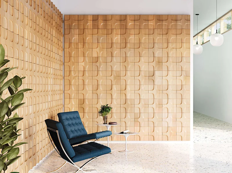 Quartile in beech wood installed behind Barcelona chairs and Saarinen side tables