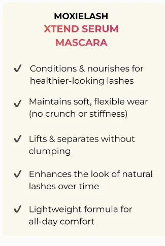 XTend Serum Mascara benefits: nourishes, soft wear, clump-free, enhances natural look, lightweight comfort.