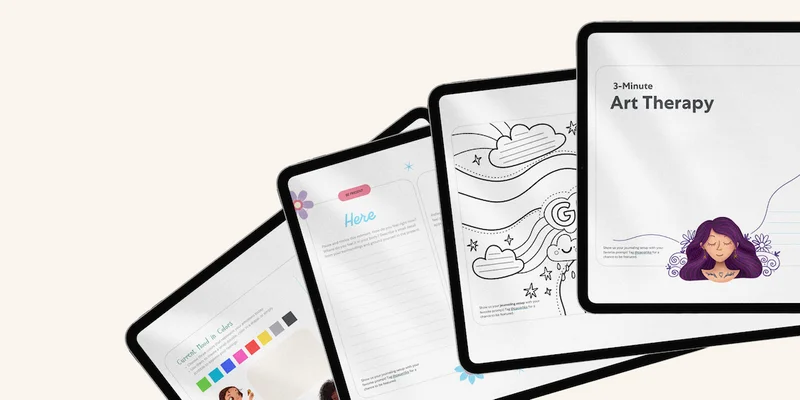 Four half-covered iPad screens with different pages from the Mindfulness Method.
