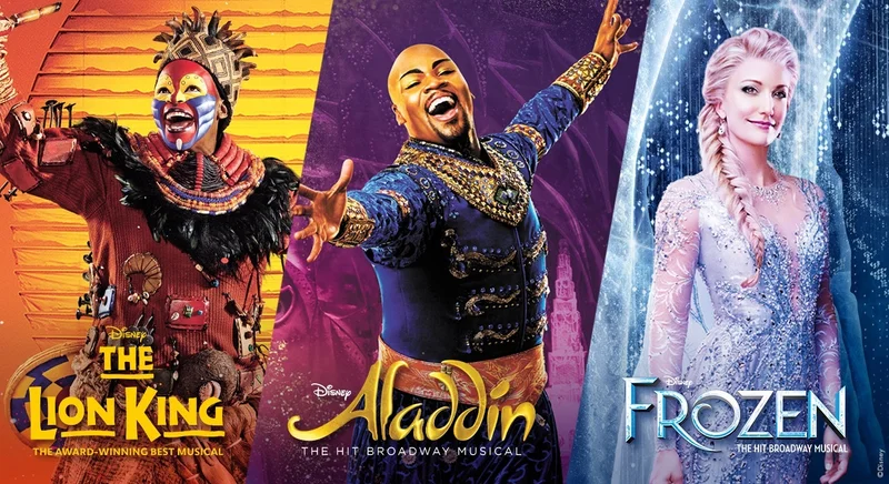 The characters Rafiki, Genie, and Elsa strike various poses, above the titles of their respective shows THE LION KING, ALADDIN, and ELSA. They emanate joy and excitement against bright backdrops, conveying beauty and excitement.