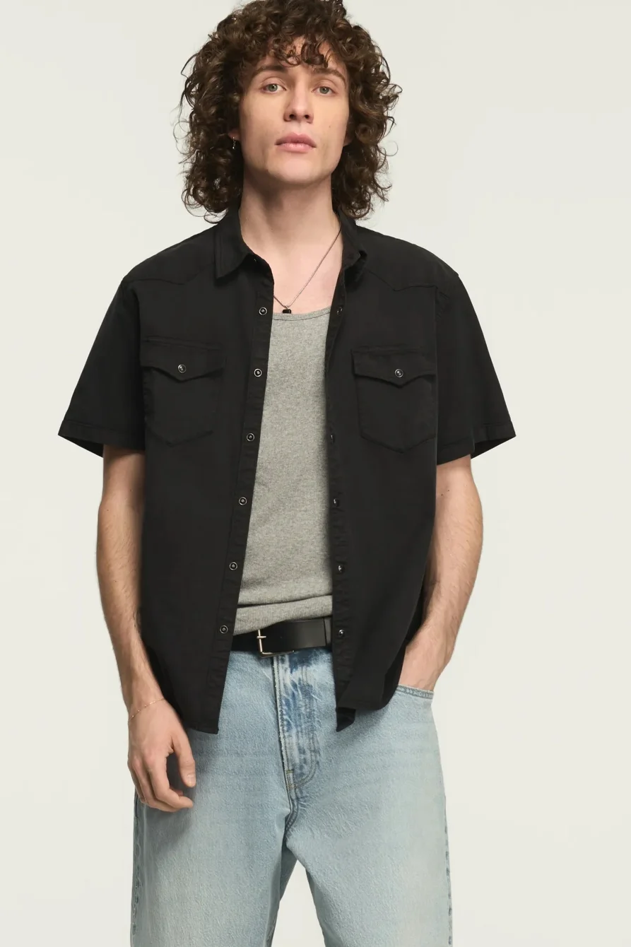 Image of Lucky Brand Vintage Twill Short Sleeve Western Shirt - Men's Clothing Outerwear Shirt Jackets in Deep Lichen Green