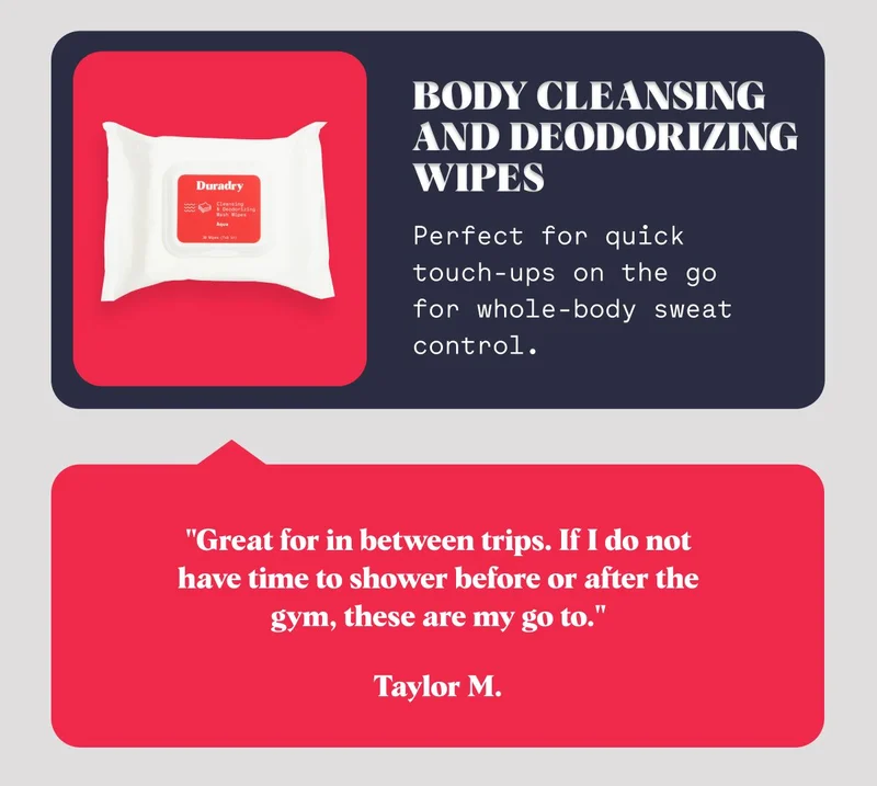 Body Cleansing and Deodorizing Wipes Perfect for quick touch-ups on the go for whole-body sweat control. "Great for in between trips. If I do not have time to shower before or after the gym, these are my go to." Taylor M.