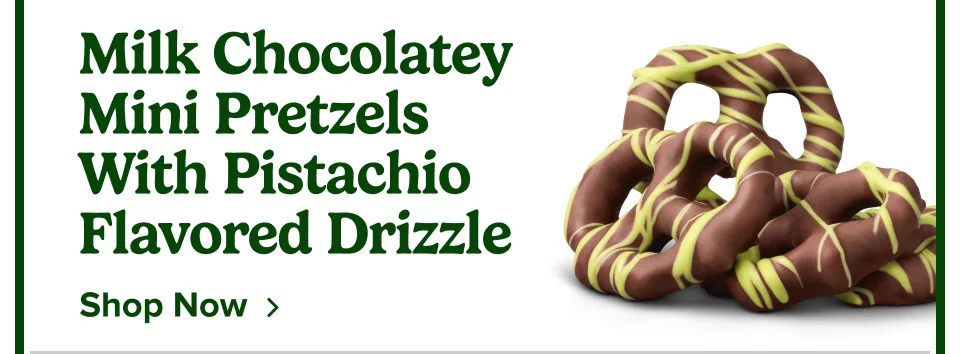 Milky Chocolatey Mini Pretzels With Pistachio Flavored Drizzle; Shop Now