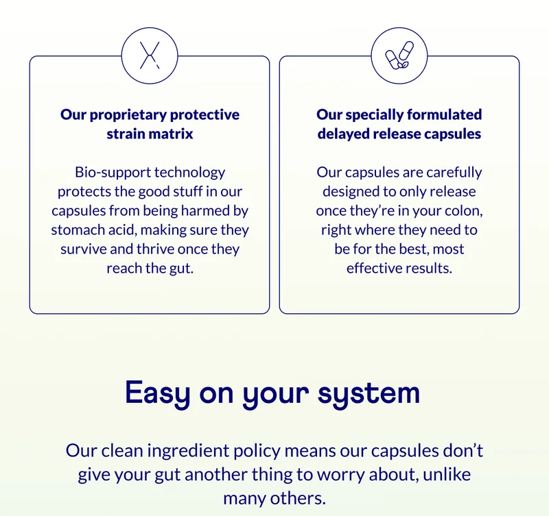 Bio-support technology protects the good stuff in our capsules from being harmed by stomach acid, making sure they survive and thrive once they reach the gut.