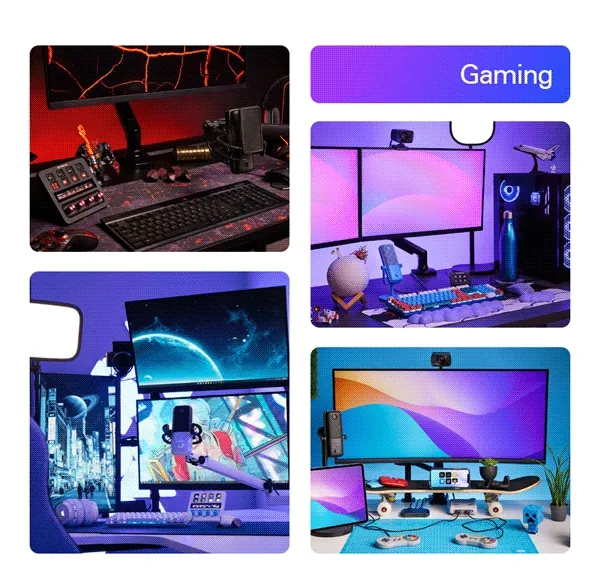 Video showing various setups for gaming, podcasting, streaming and productivity.