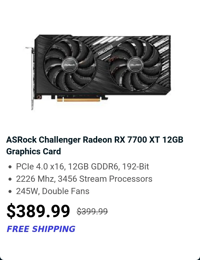 ASRock Challenger Radeon RX 7700 XT 12GB Graphics Card