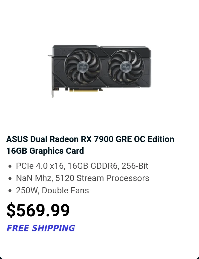 ASUS Dual Radeon RX 7900 GRE OC Edition 16GB Graphics Card