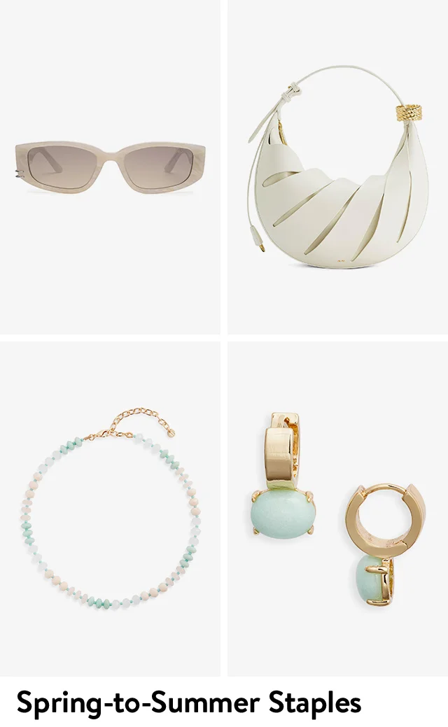 A handbag, a necklace, sunglasses and earrings.