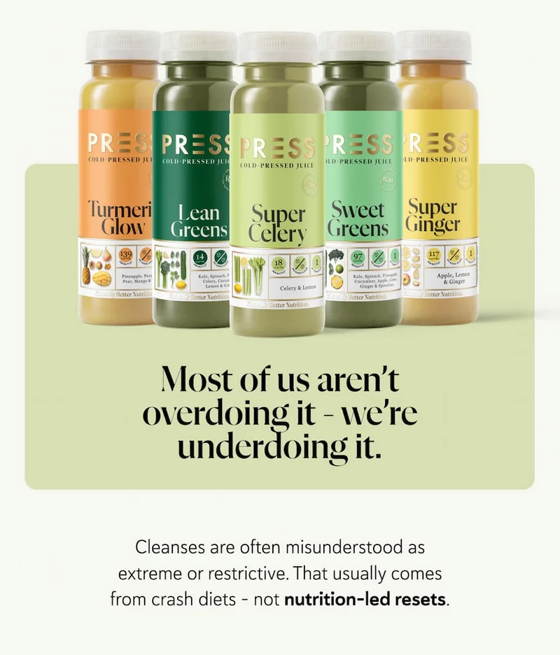 Most of us aren’t overdoing it - we’re underdoing it. Cleanses are often misunderstood as extreme or restrictive. That usually comes from crash diets - not nutrition-led resets.