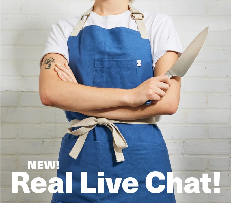 New! Real Live Chat. Misen chef holding a knife.