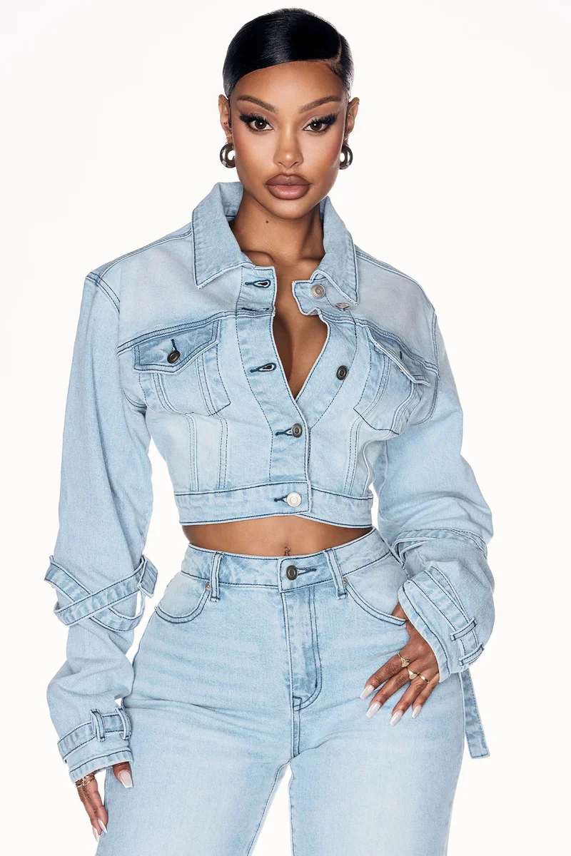 Image of All Tied Up Stretch Denim Jacket - Light Wash