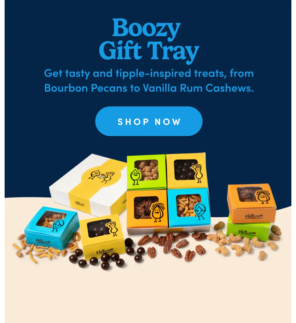 Boozy Gift Tray: Get tasty and tipple-inspired treats, from Bourbon Pecans to Vanilla Rum Cashews. Shop now