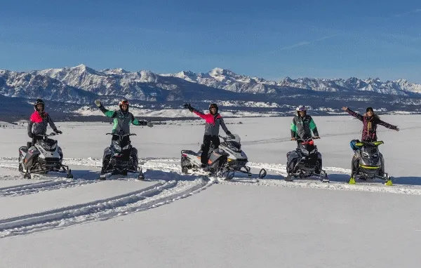 Five Lynx riders on snowmobiles