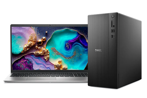 A Dell Tower Desktop computer next to a Dell 15 Laptop computer.