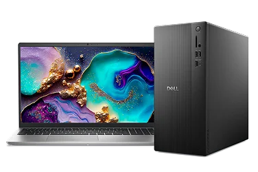 A Dell Tower Desktop computer next to a Dell 15 Laptop computer.
