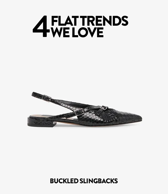 Four flat trends we love: embellished mary janes, buckled slingbacks, menswear-inspired loafers, pops of red.