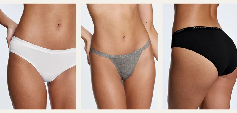 Supima Cotton Bikini in White, Supima Cotton String Thong in Heather Gray, Supima Cotton Bikini in Black
