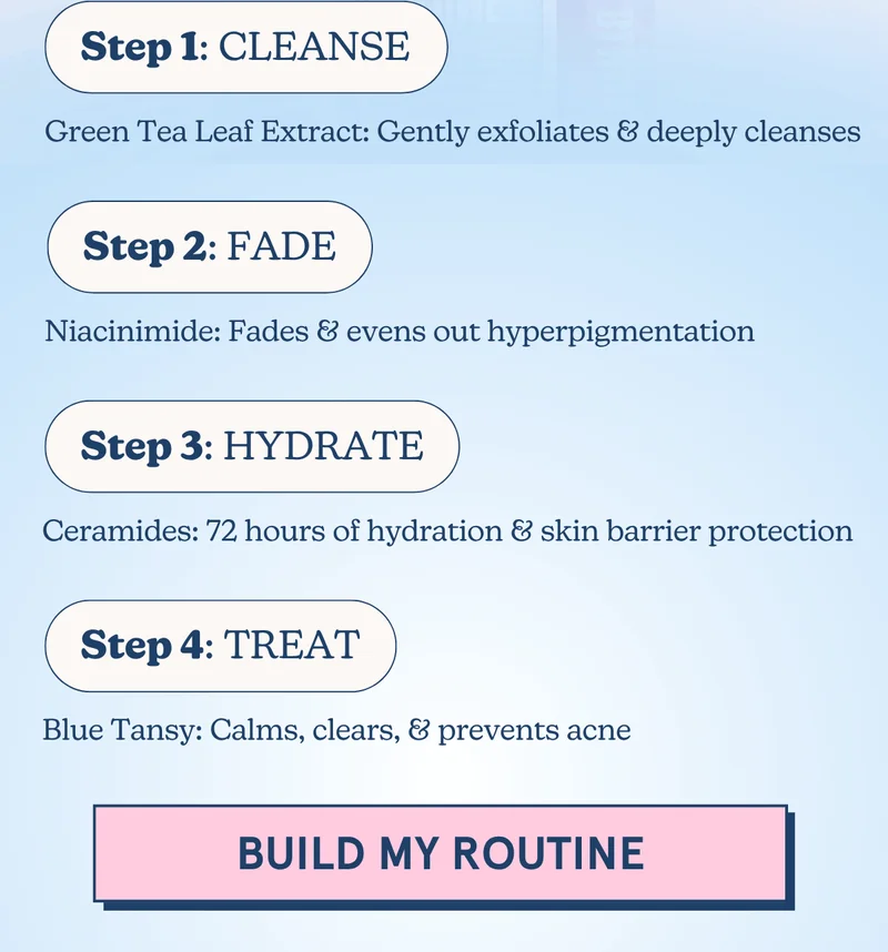 Step 1: CLEANSE Green Tea Leaf Extract: Gently exfoliates & deeply cleanses | Step 2: FADE Niacinimide: Fades & evens out hyperpigmentation | STEP 3: HYDRATE Ceramides: 72 hours of hydration & skin barrier protection | STEP 4: TREAT: Blue Tansy: Calms, clears, & prevents acne [BUILD MY ROUTINE]
